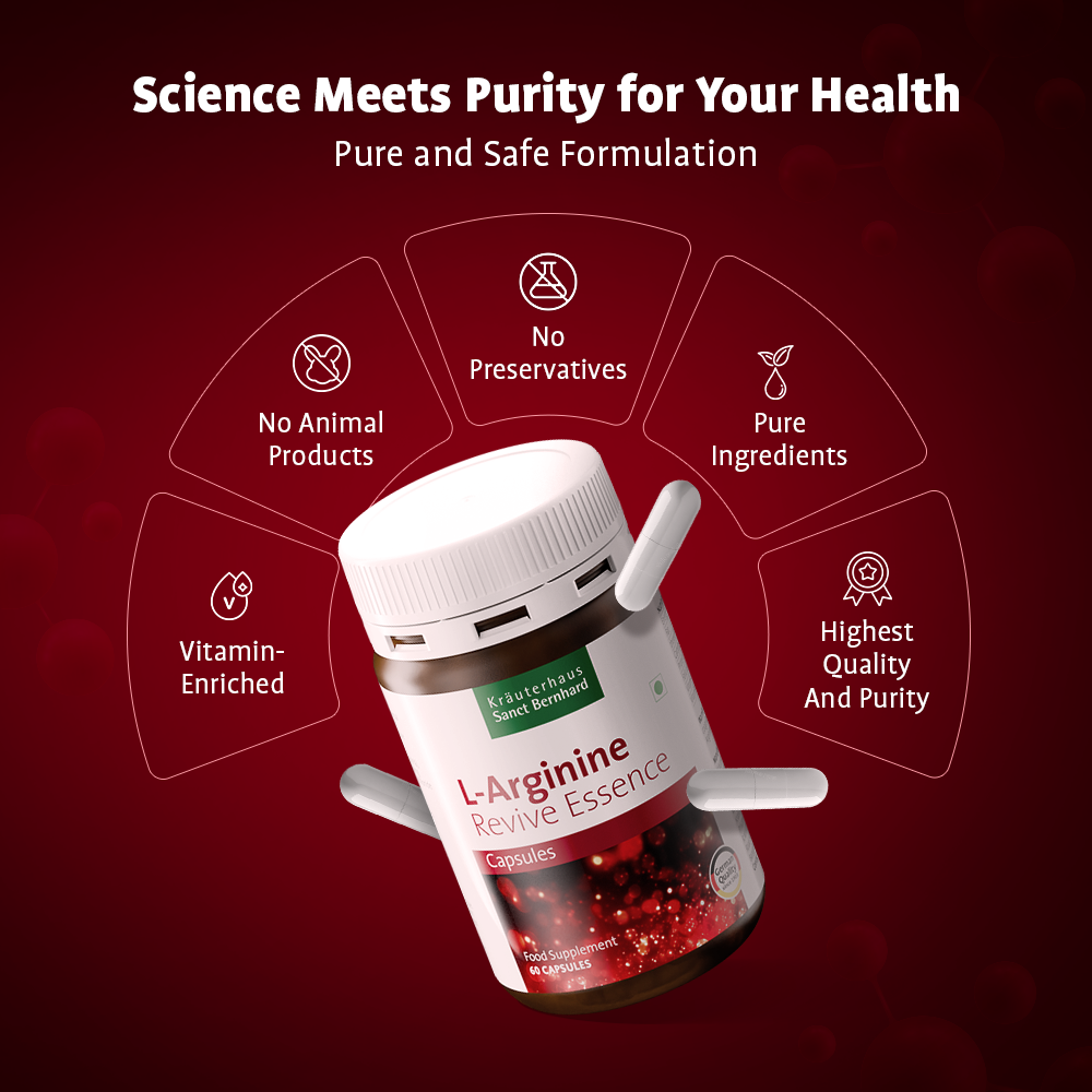 L-Arginine supplement bottle with certification icons on a red background